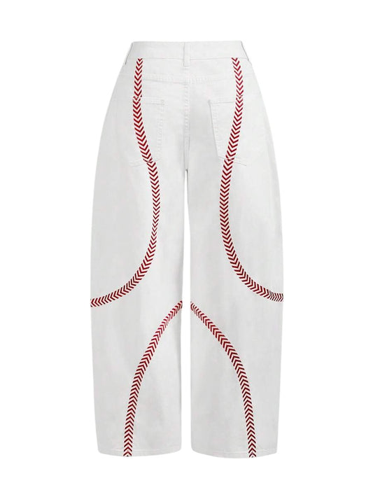 Y2K White Low Rise Red Embroidered Loose Fit Denim Jeans