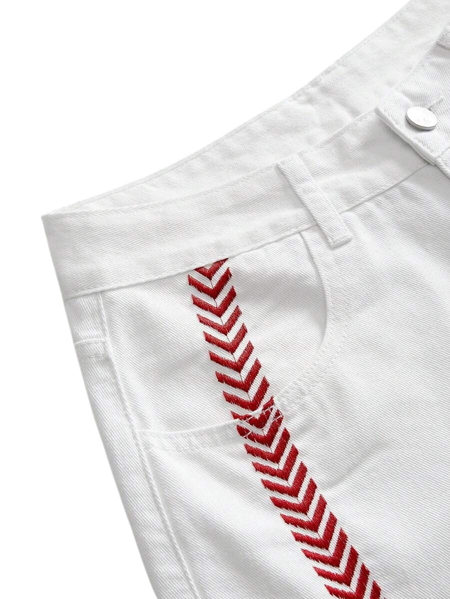 Y2K White Low Rise Red Embroidered Loose Fit Denim Jeans