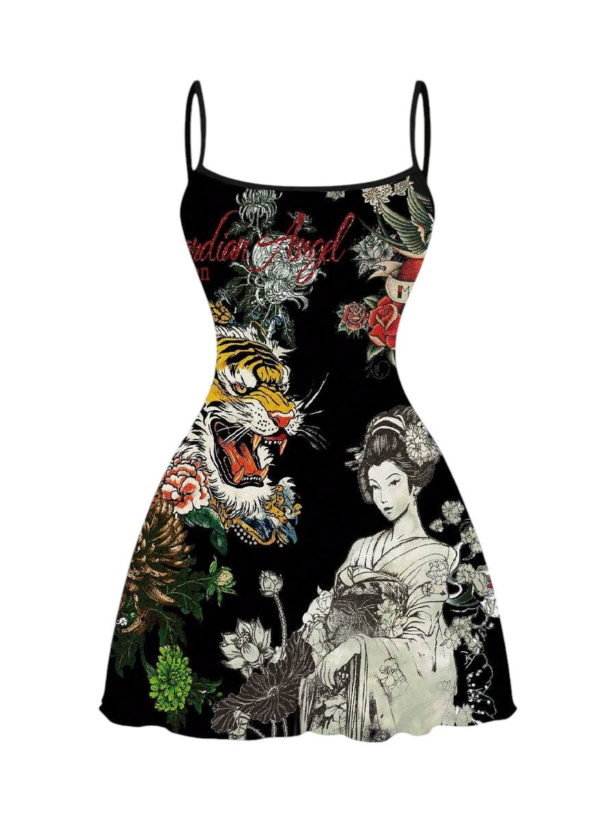 Women's Black Tigress Graphic Floral Mini Dress