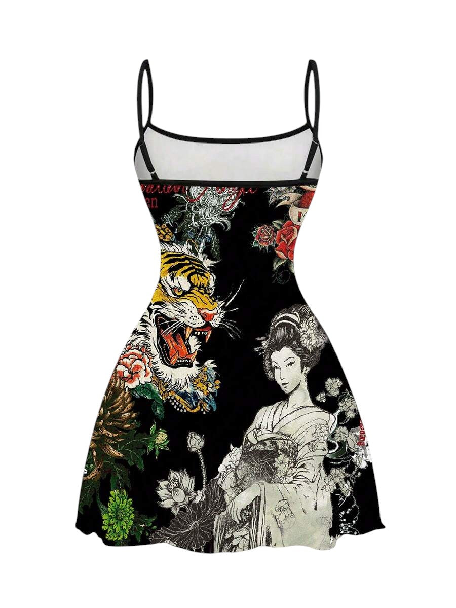 Women's Black Tigress Graphic Floral Mini Dress