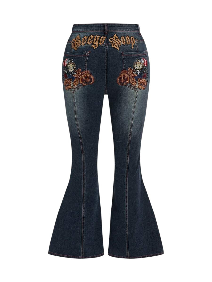 Plus Size Betty Boop Flag Embroidered Flare Denim Jeans