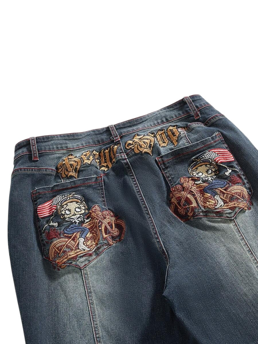 Plus Size Betty Boop Flag Embroidered Flare Denim Jeans
