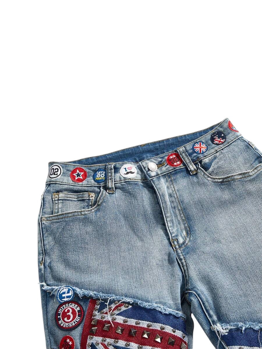 Y2K British Flag Patchwork Rivet Low Rise Denim Jeans