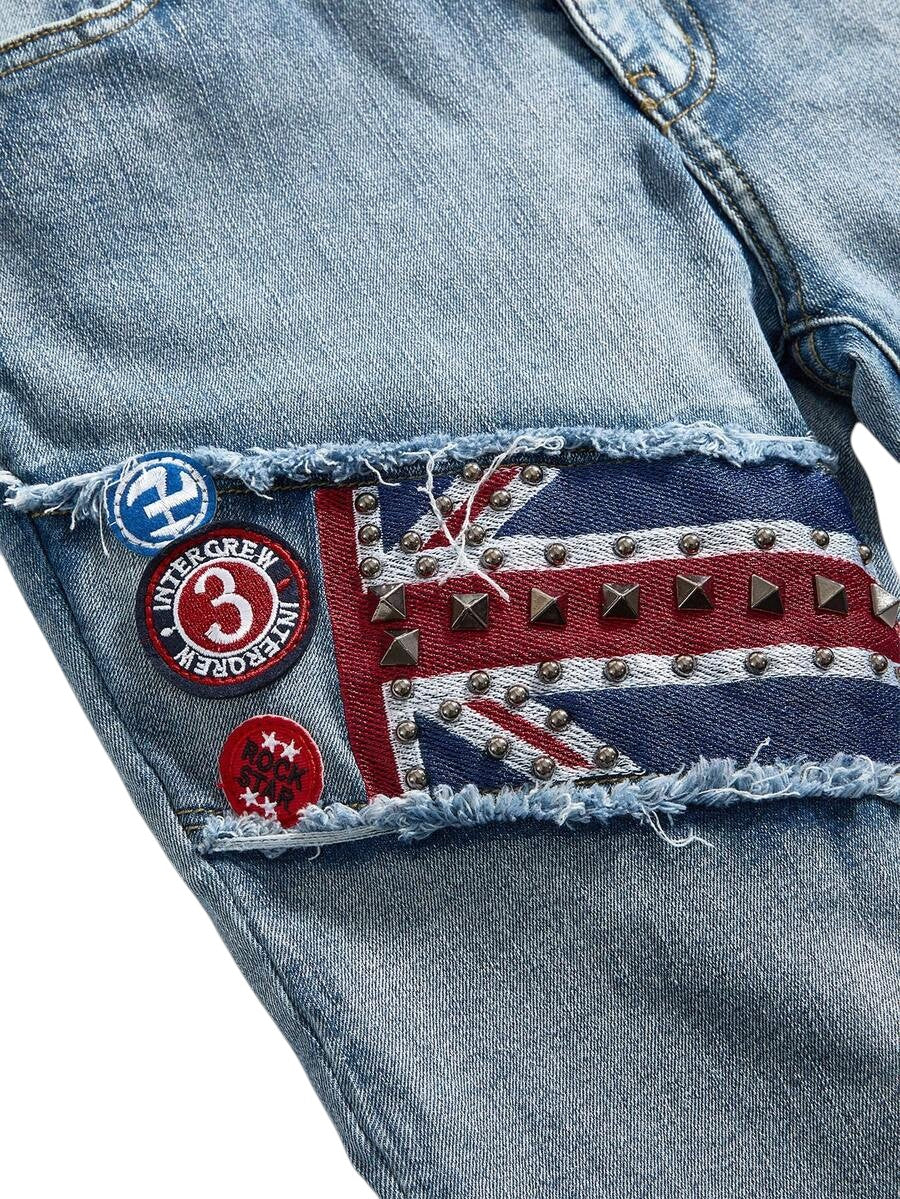 Y2K British Flag Patchwork Rivet Low Rise Denim Jeans