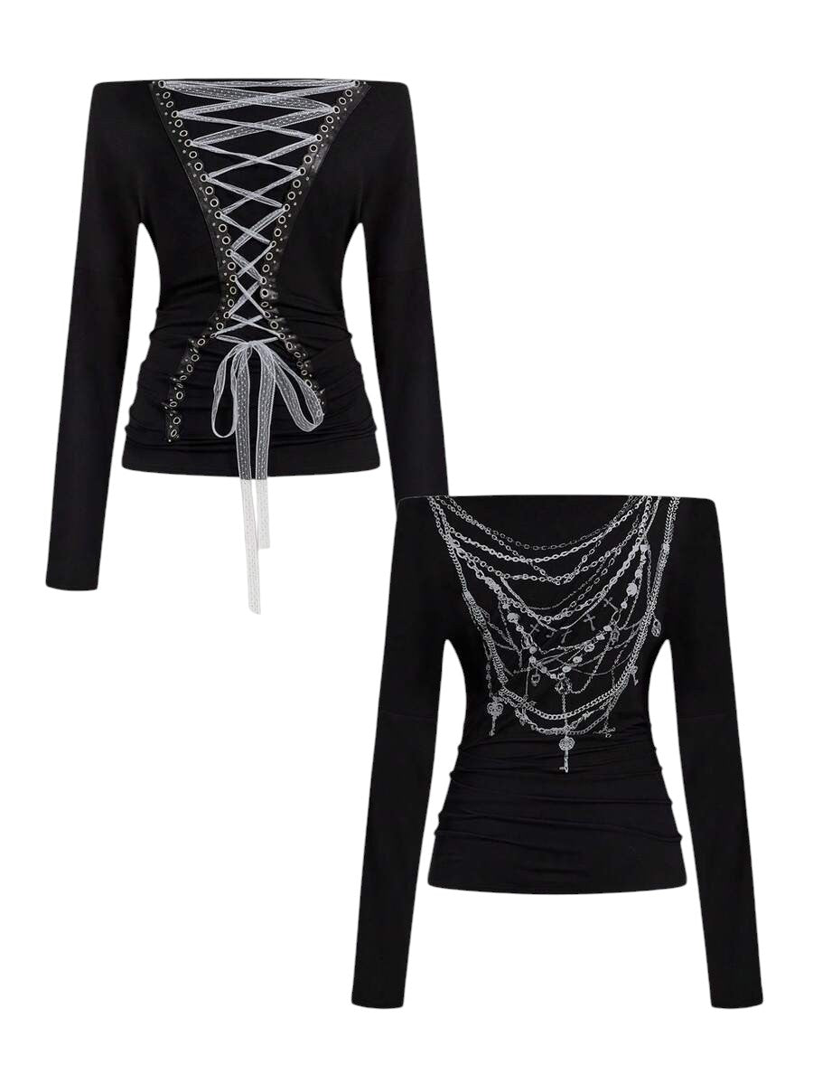 Women's Dark Punk Off-Shoulder Long Sleeve Graphic Tie Top