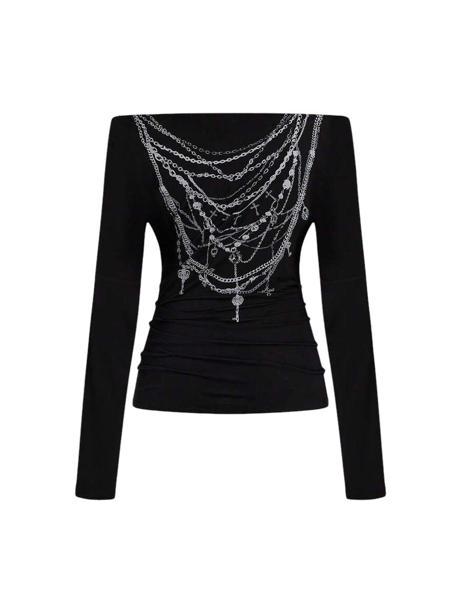 Women's Dark Punk Off-Shoulder Long Sleeve Graphic Tie Top
