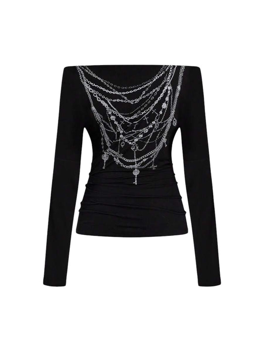 Women's Dark Punk Off-Shoulder Long Sleeve Graphic Tie Top