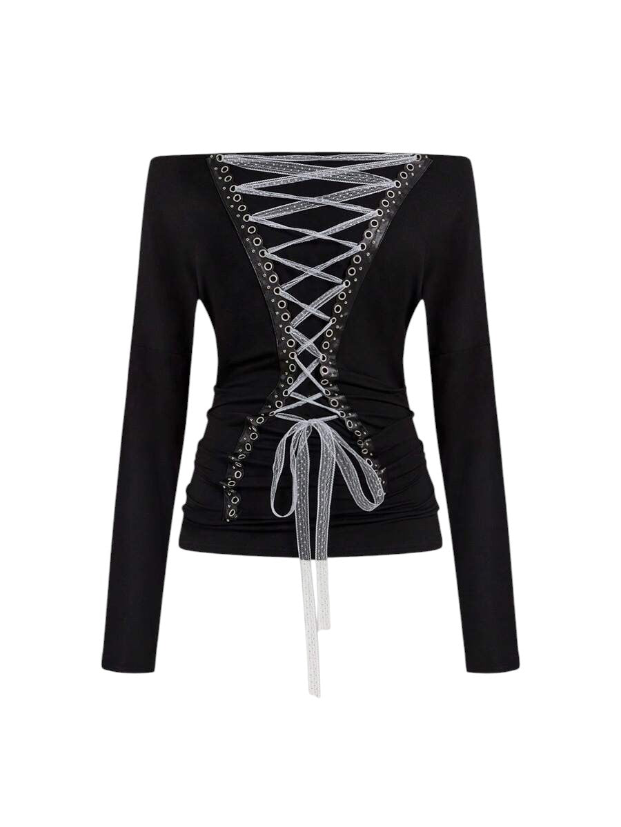 Women's Dark Punk Off-Shoulder Long Sleeve Graphic Tie Top