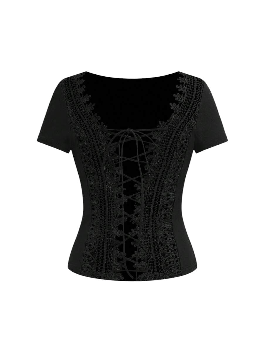 Women's Backless Lace Patchwork Criss-Cross Fitted T-Shirt