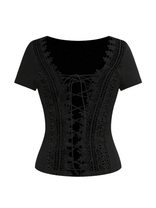Women's Backless Lace Patchwork Criss-Cross Fitted T-Shirt