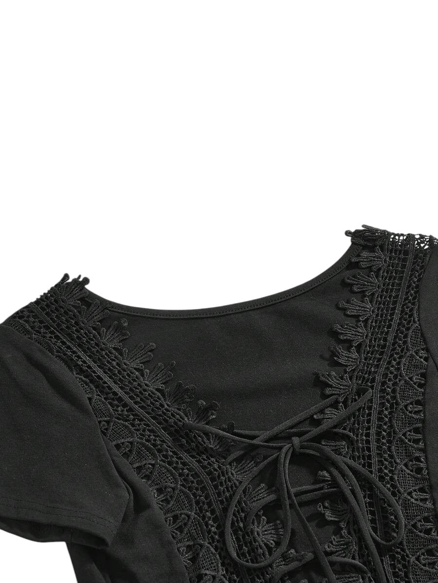 Women's Backless Lace Patchwork Criss-Cross Fitted T-Shirt
