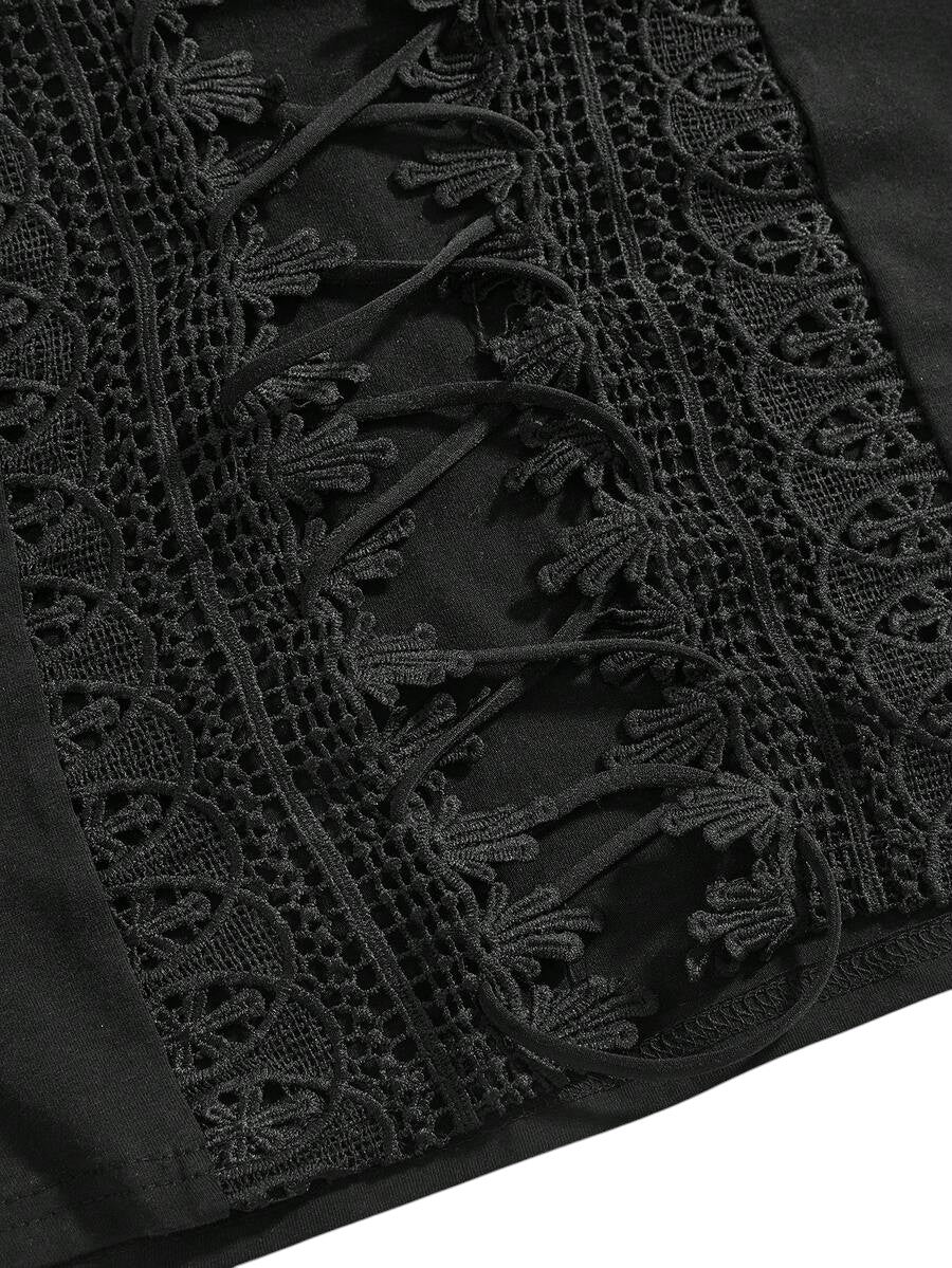Women's Backless Lace Patchwork Criss-Cross Fitted T-Shirt