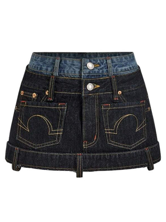 Women's Dual Waistband Contrast Stitch Denim Mini Skirt