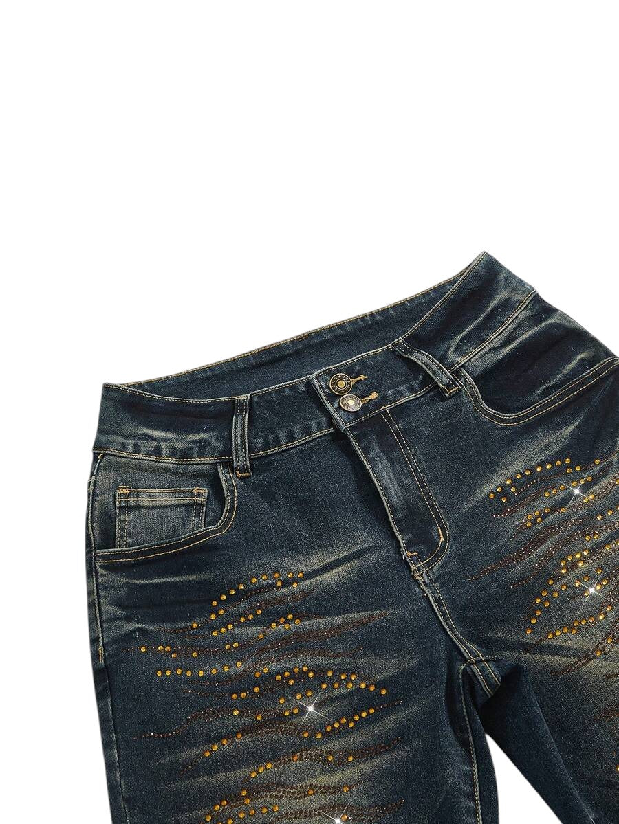 Blue Vintage Rhinestone Denim Micro Shorts with Ultra Low Rise Y2K Style