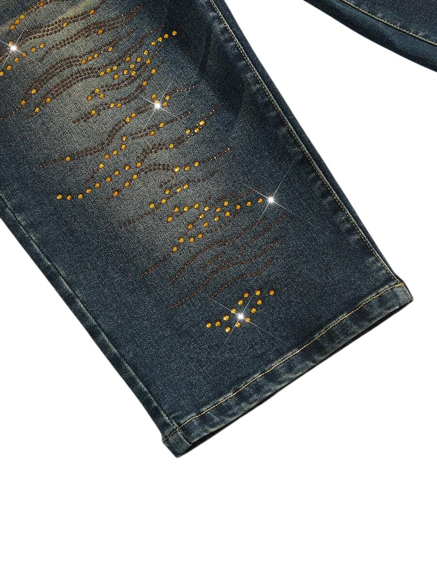 Blue Vintage Rhinestone Denim Micro Shorts with Ultra Low Rise Y2K Style