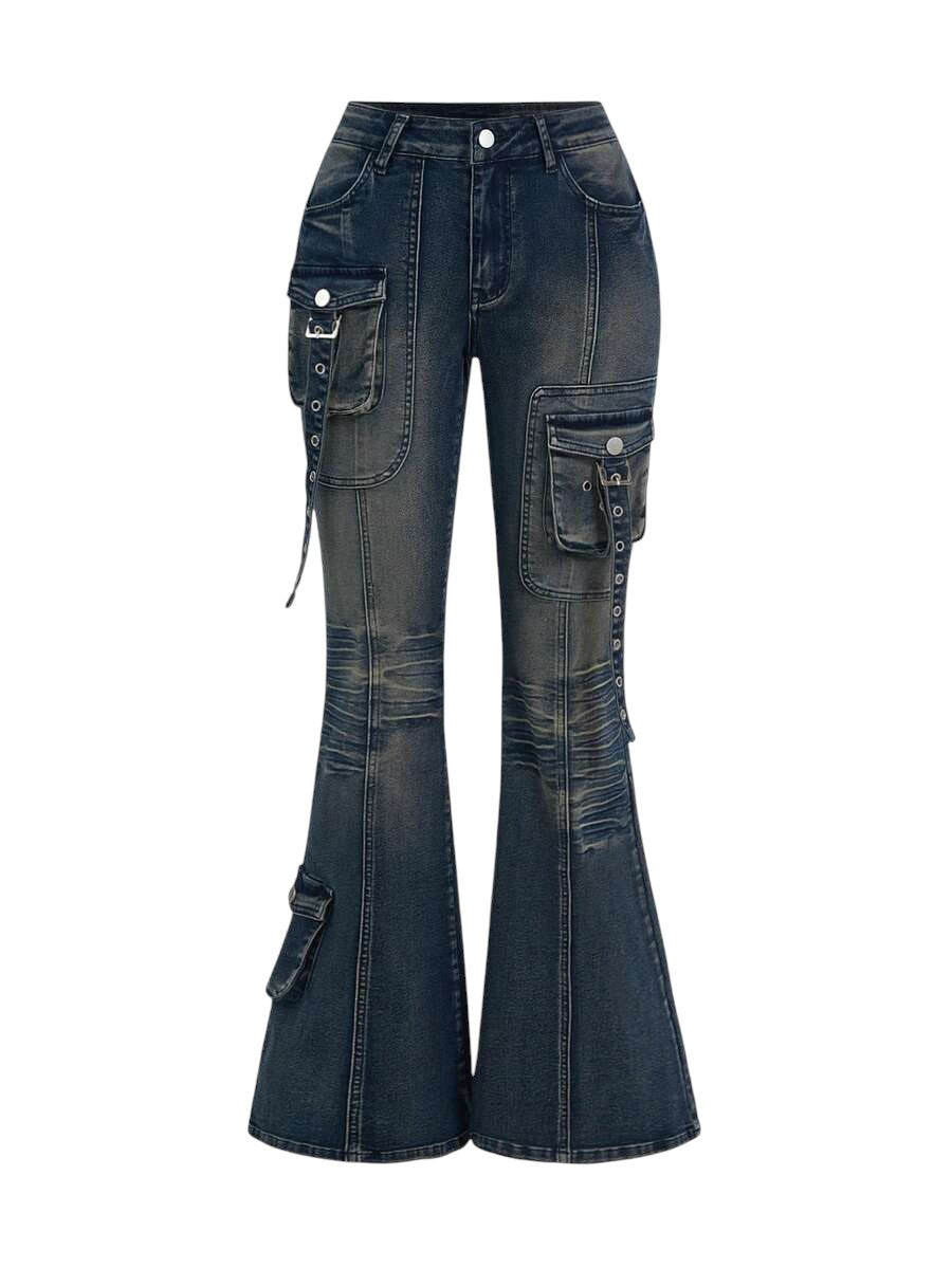 Blue Grunge Punk Super Low Rise Distressed Flare Jeans