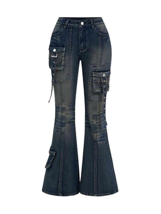 Blue Grunge Punk Super Low Rise Distressed Flare Jeans
