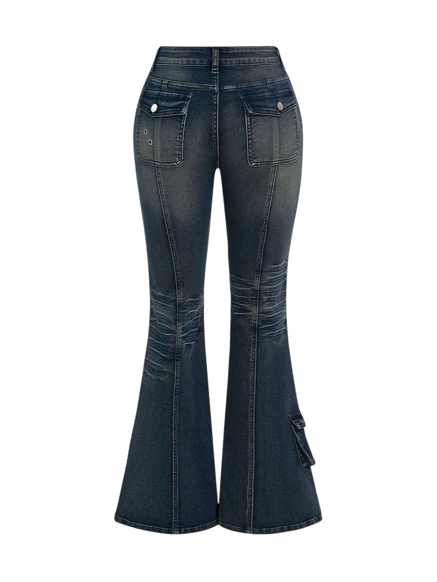 Blue Grunge Punk Super Low Rise Distressed Flare Jeans