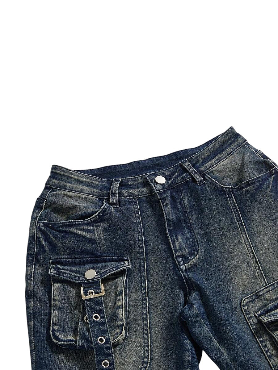 Blue Grunge Punk Super Low Rise Distressed Flare Jeans