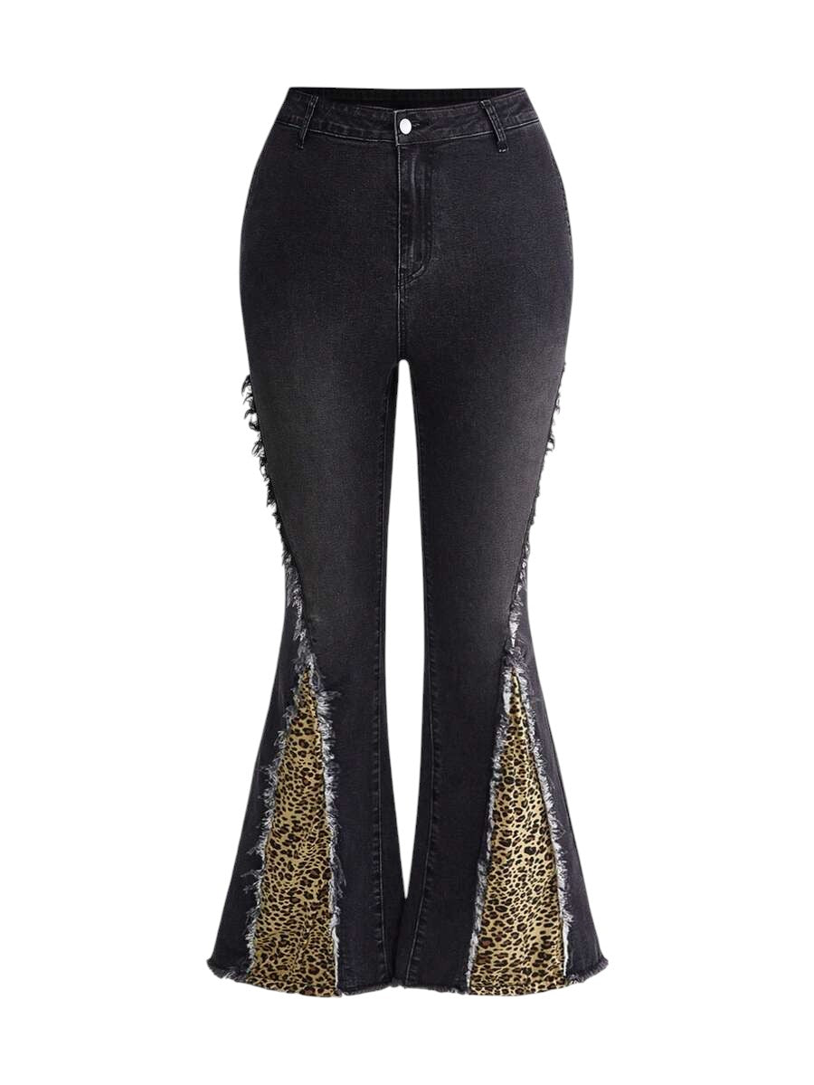 Plus Size Leopard Print Patchwork Frayed Hem Flare Jeans