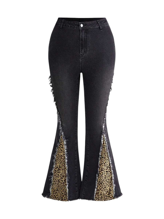 Plus Size Leopard Print Patchwork Frayed Hem Flare Jeans