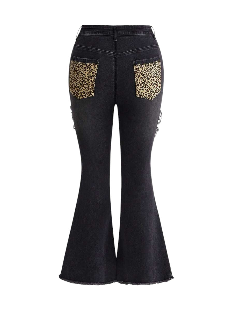 Plus Size Leopard Print Patchwork Frayed Hem Flare Jeans