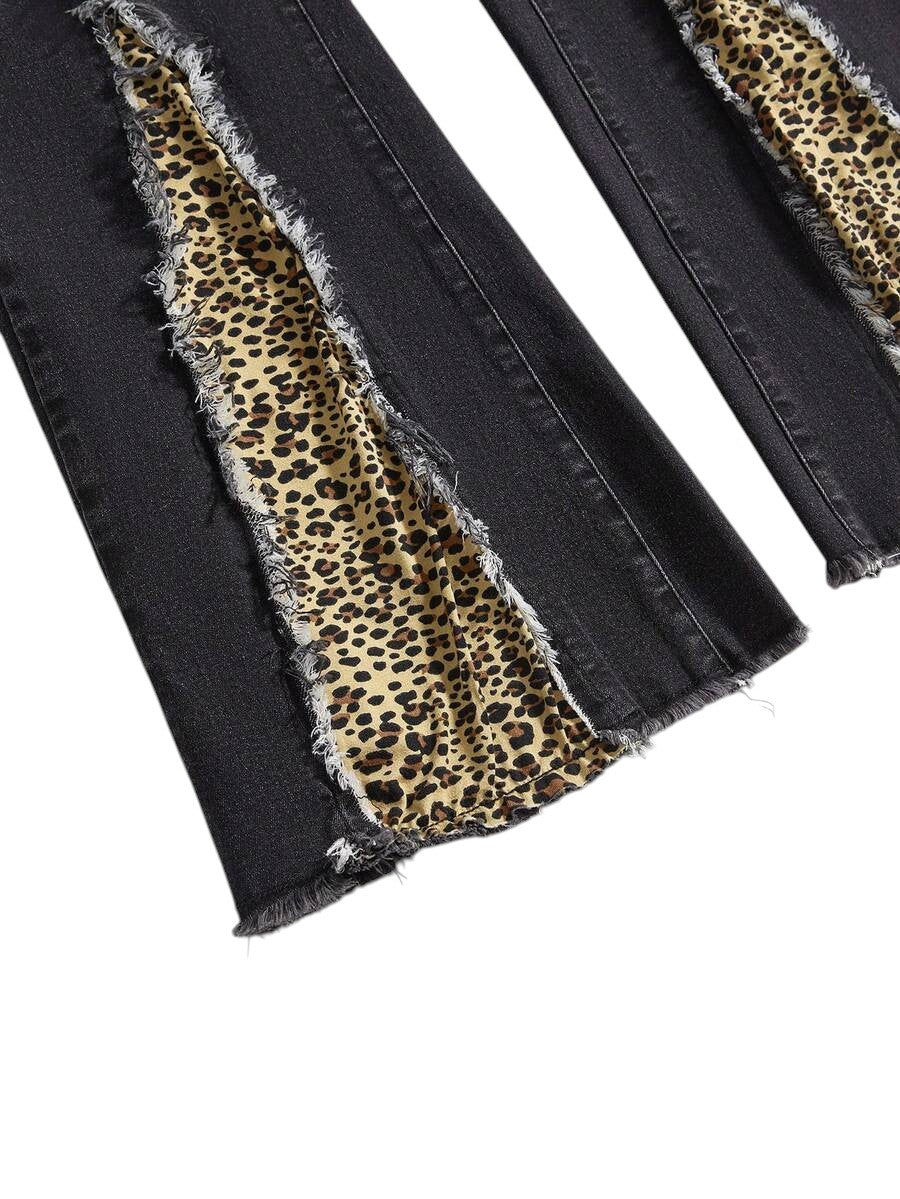 Plus Size Leopard Print Patchwork Frayed Hem Flare Jeans