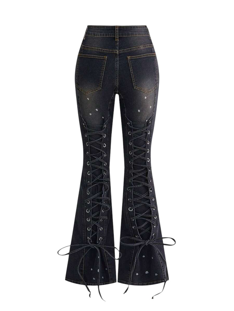 Women's Black Washed Flare Jeans with Adjustable Waist Detail