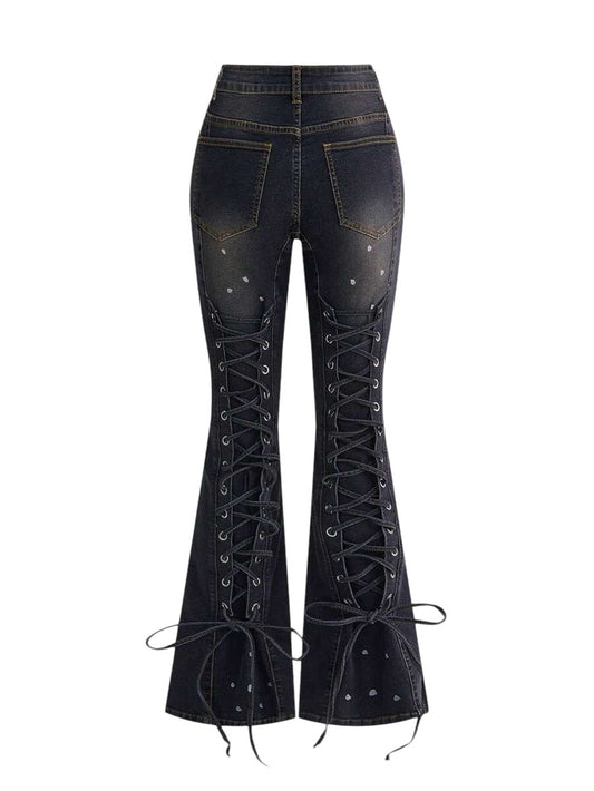 Women's Black Washed Flare Jeans with Adjustable Waist Detail