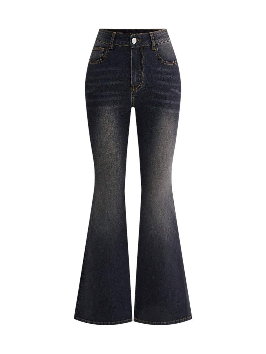 Women's Black Washed Flare Jeans with Adjustable Waist Detail