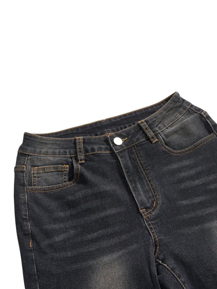 Women's Black Washed Flare Jeans with Adjustable Waist Detail