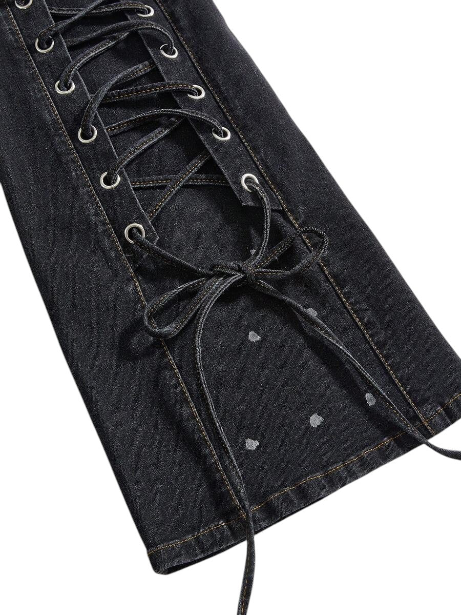 Women's Black Washed Flare Jeans with Adjustable Waist Detail