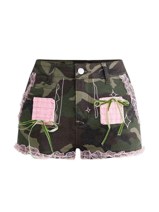 Women's Camo Patch Faux Fur Denim Shorts