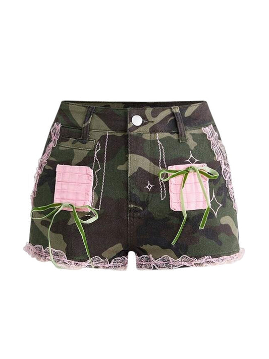 Women's Camo Patch Faux Fur Denim Shorts