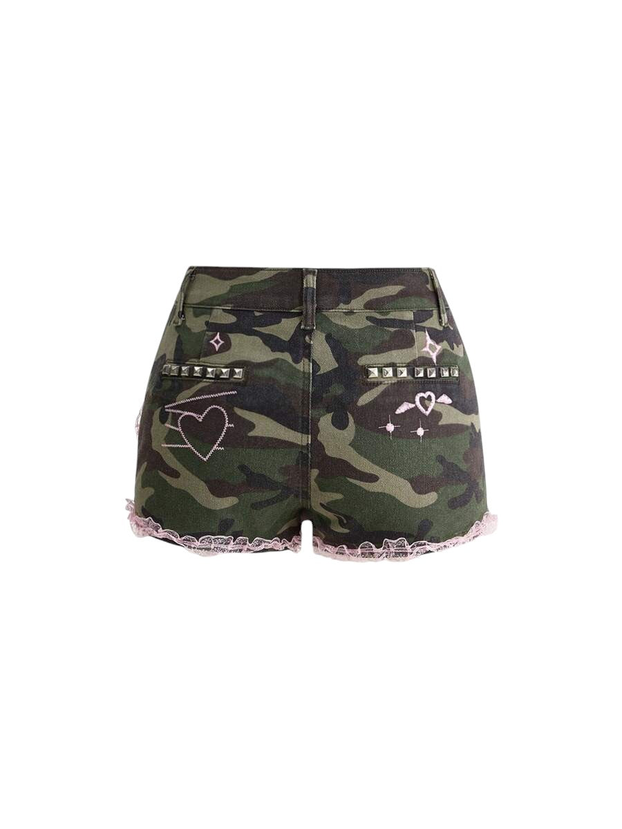 Women's Camo Patch Faux Fur Denim Shorts