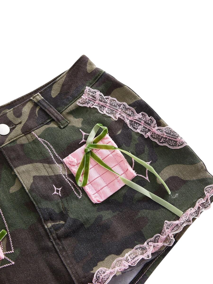 Women's Camo Patch Faux Fur Denim Shorts