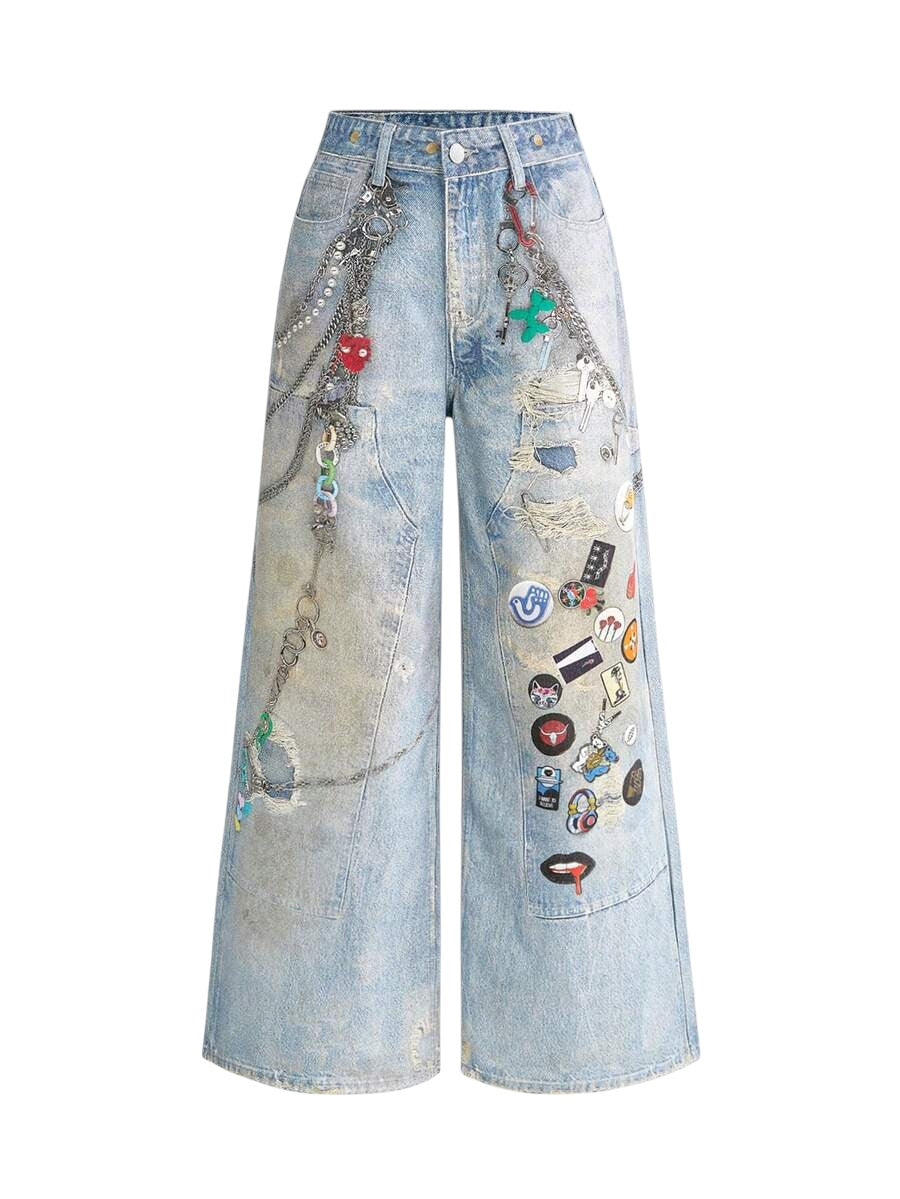 Blue Distressed Chain Badge Wide Leg Y2K Denim Jeans