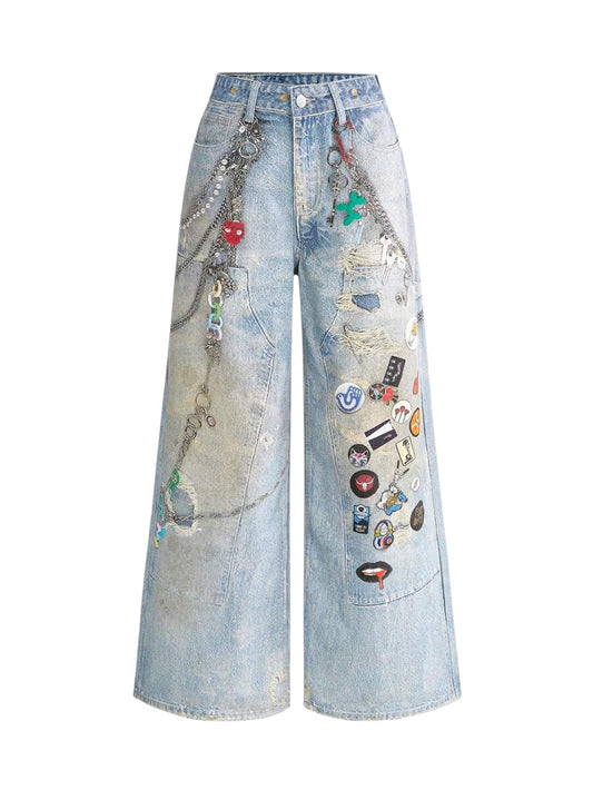 Blue Distressed Chain Badge Wide Leg Y2K Denim Jeans