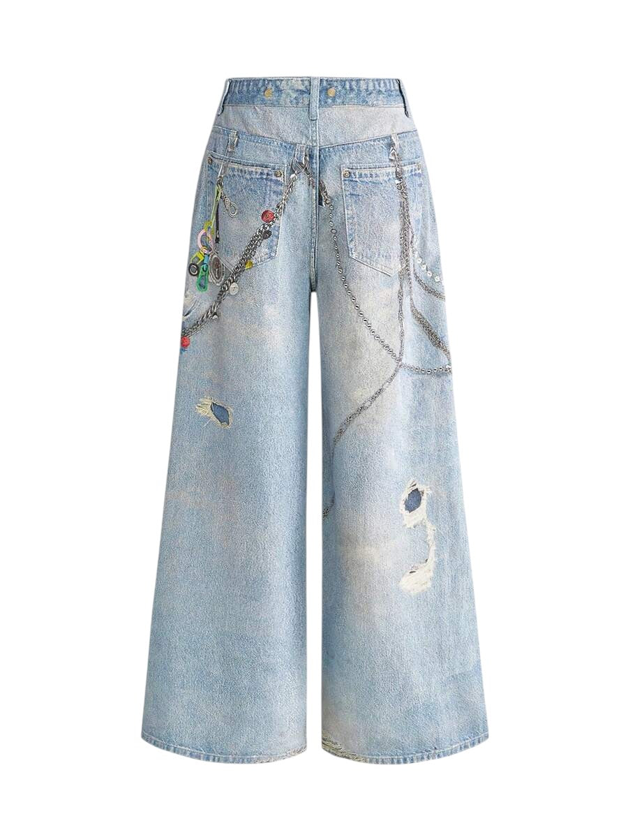 Blue Distressed Chain Badge Wide Leg Y2K Denim Jeans