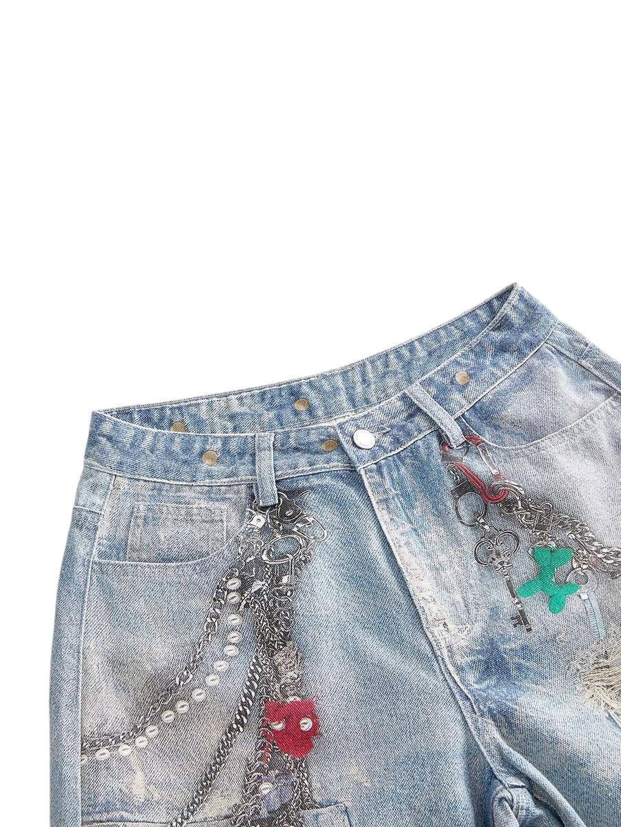 Blue Distressed Chain Badge Wide Leg Y2K Denim Jeans