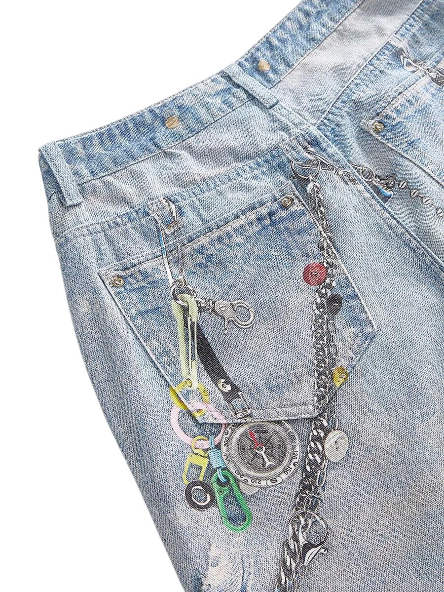 Blue Distressed Chain Badge Wide Leg Y2K Denim Jeans