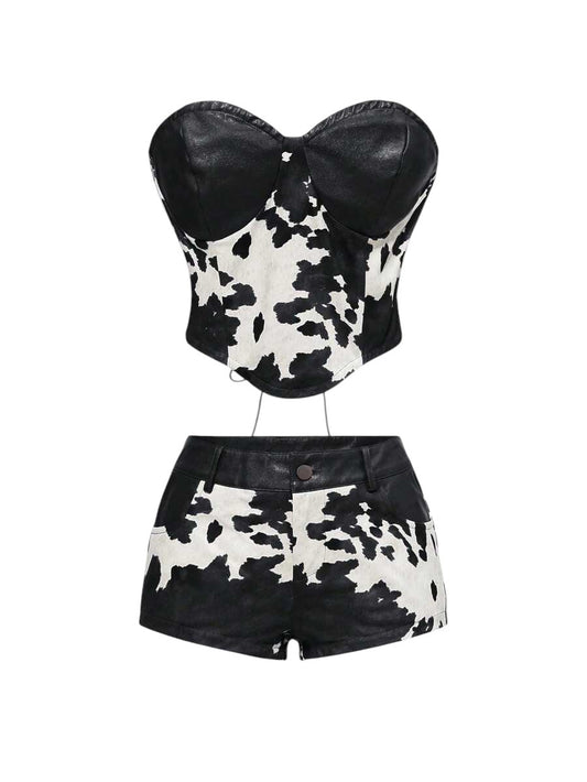 Vintage Animal Print PU Crop Top & Mini Shorts Two-Piece Set