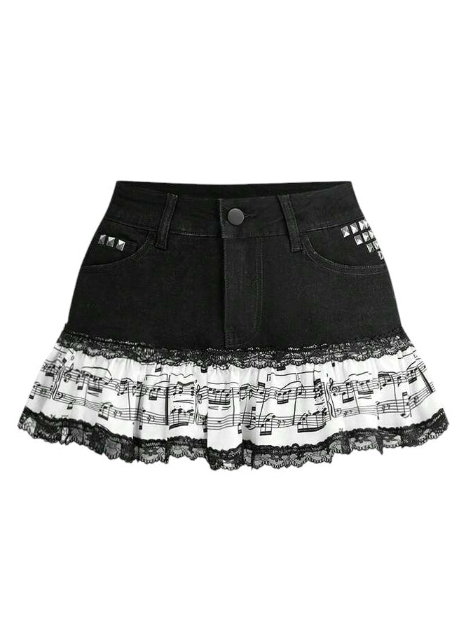 Y2K Musical Note Rivet Low Rise Denim Mini Skirt