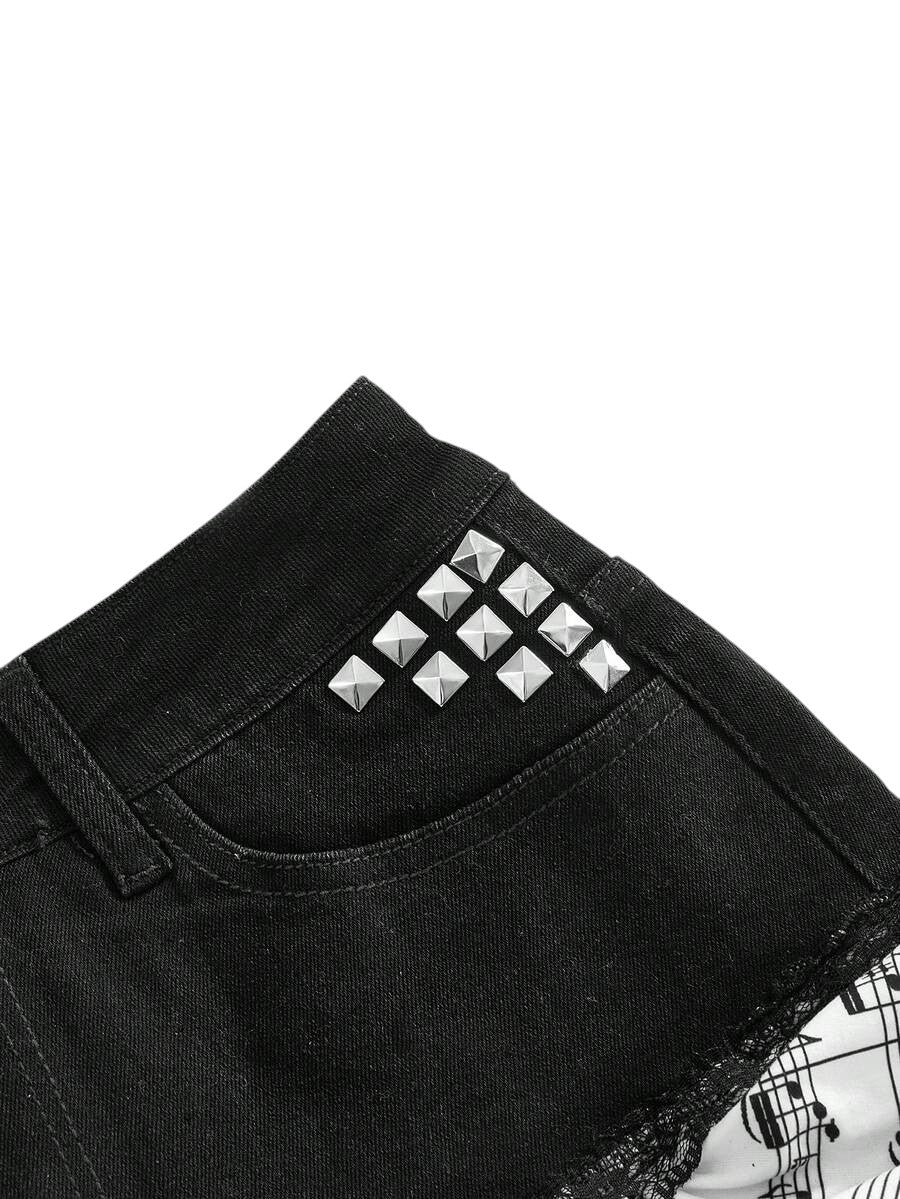 Y2K Musical Note Rivet Low Rise Denim Mini Skirt