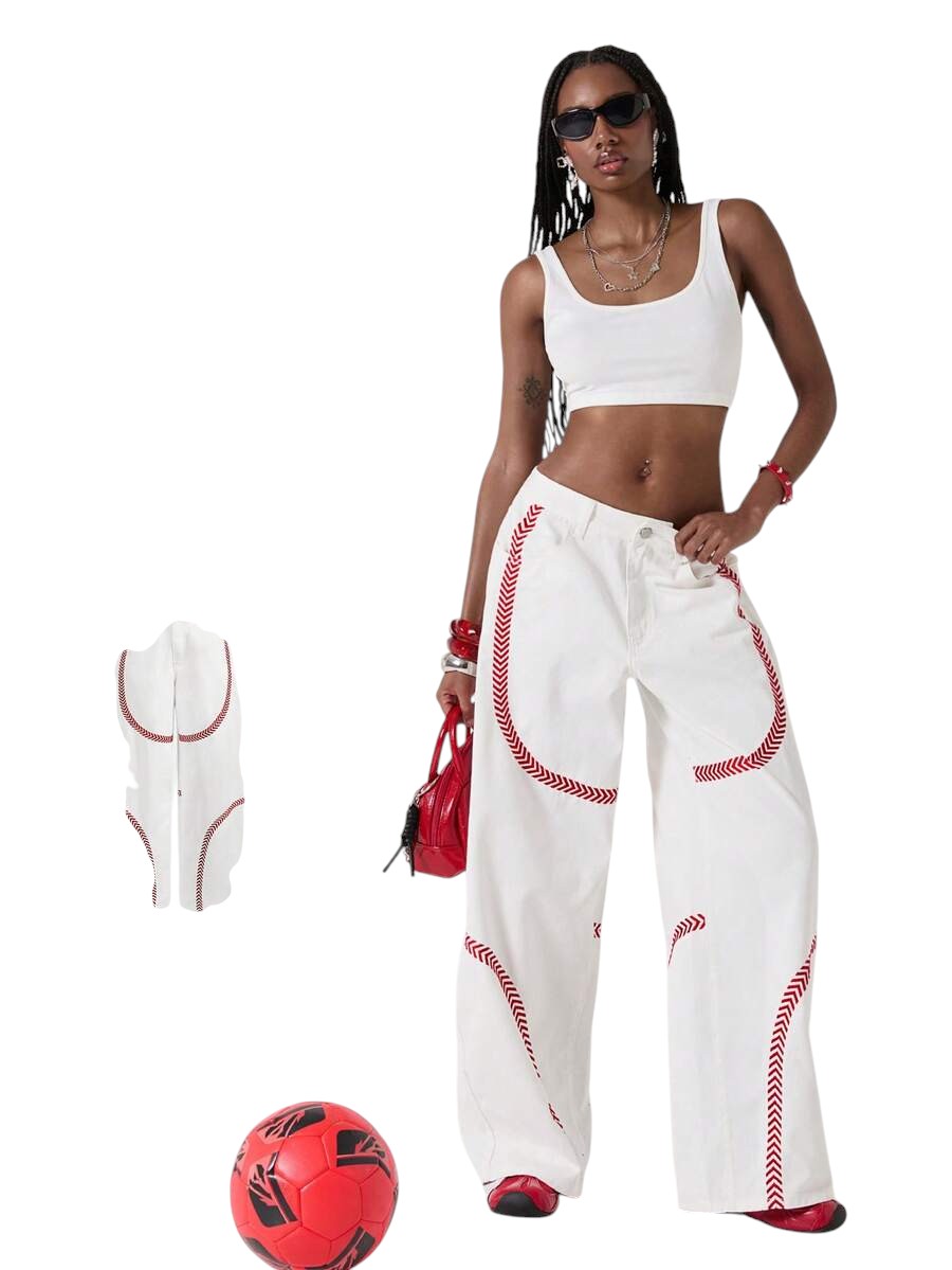 Y2K White Low Rise Red Embroidered Loose Fit Denim Jeans