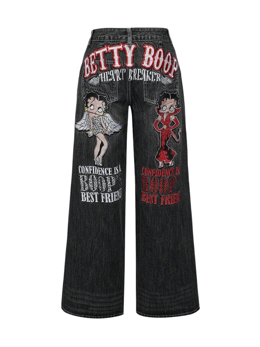 Plus Size Betty Boop Embroidered Loose Fit Jeans