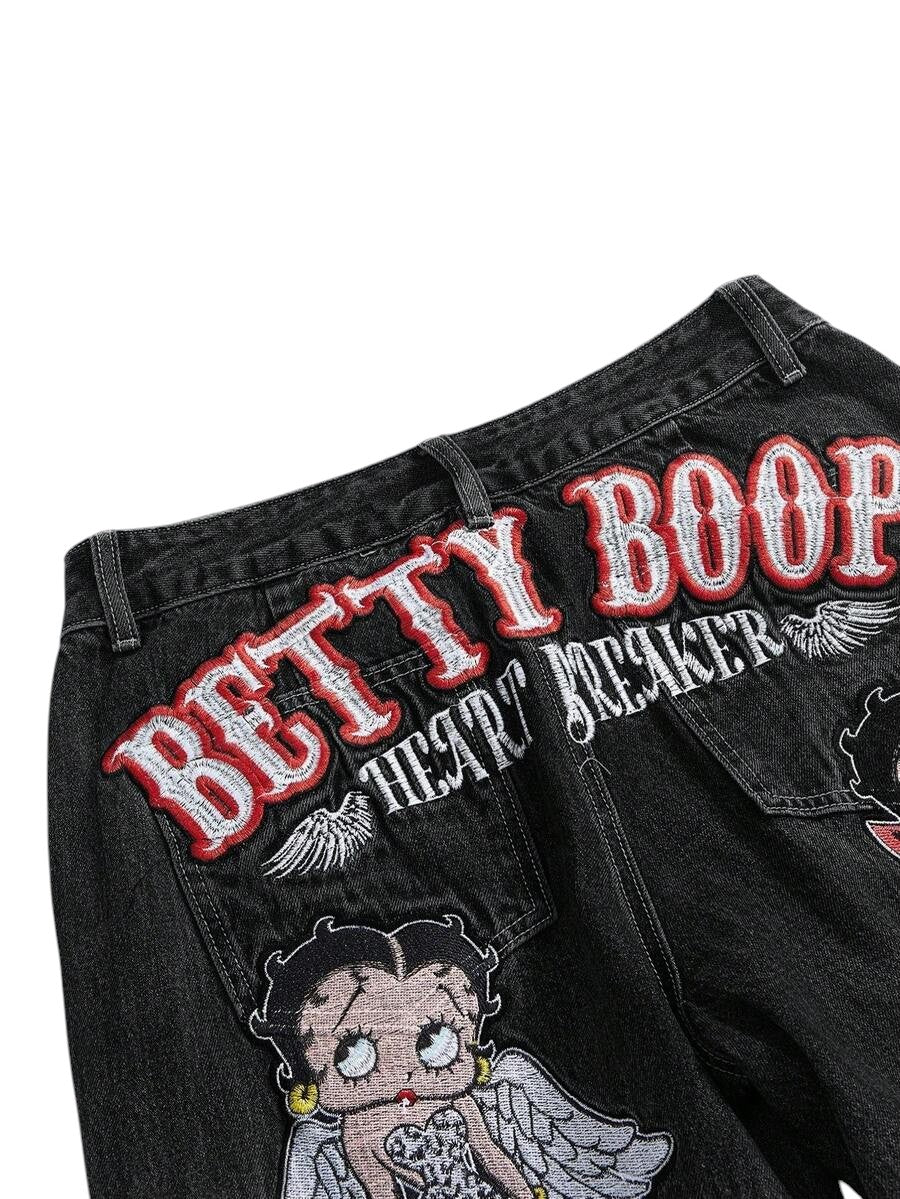 Plus Size Betty Boop Embroidered Loose Fit Jeans
