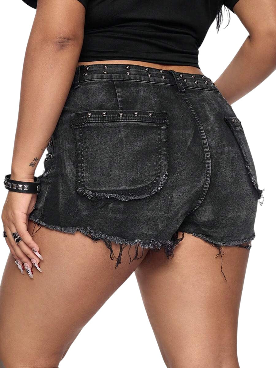 Plus Size Y2K Distressed Pearl Studded Denim Mini Skirt