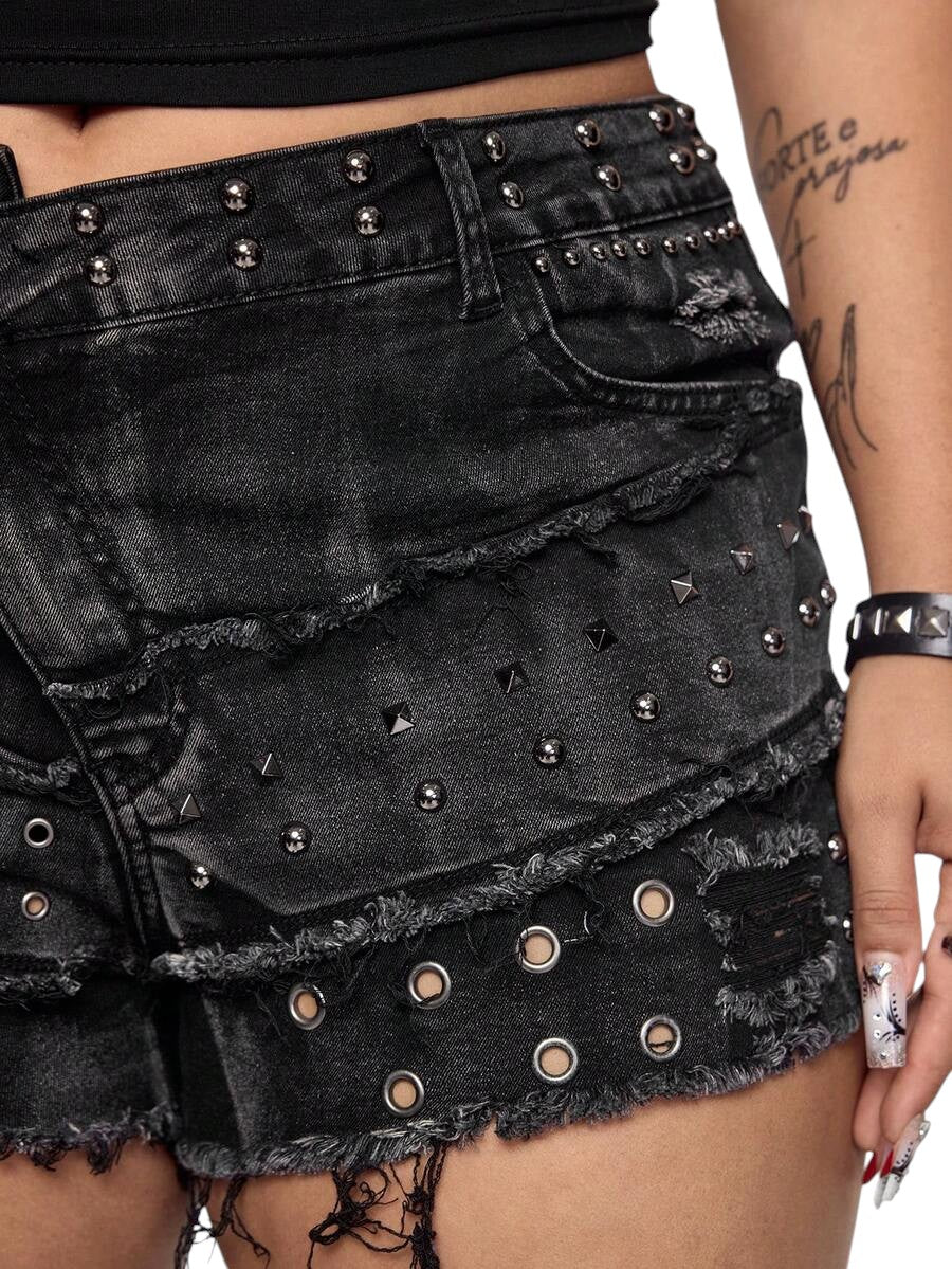 Plus Size Y2K Distressed Pearl Studded Denim Mini Skirt