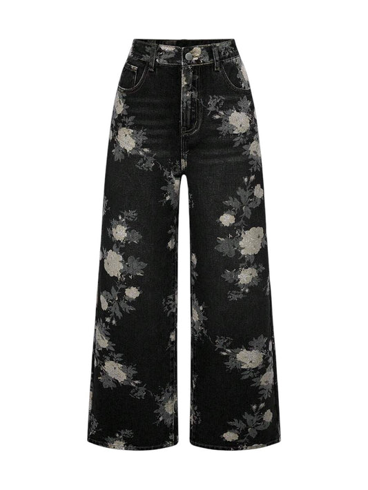 Black Fairycore Vintage Floral Print Wide Leg Denim Jeans